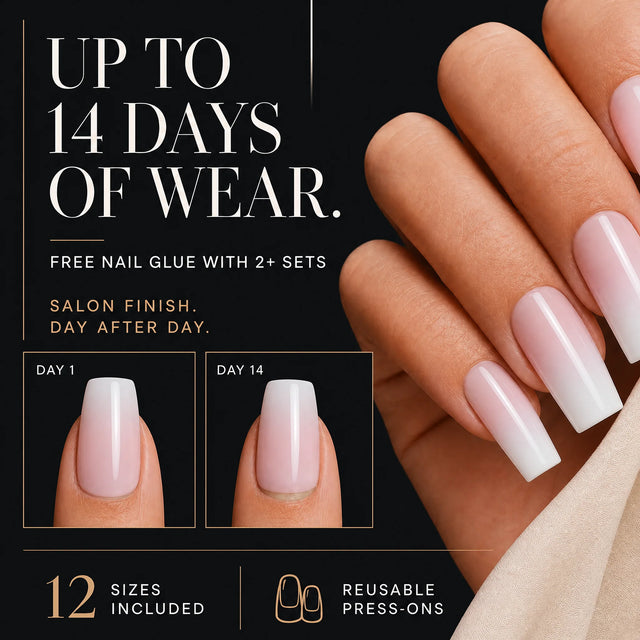 Pink Ombre Press-On Nails, Coffin Long — 14 days of wear (infographie sombre)