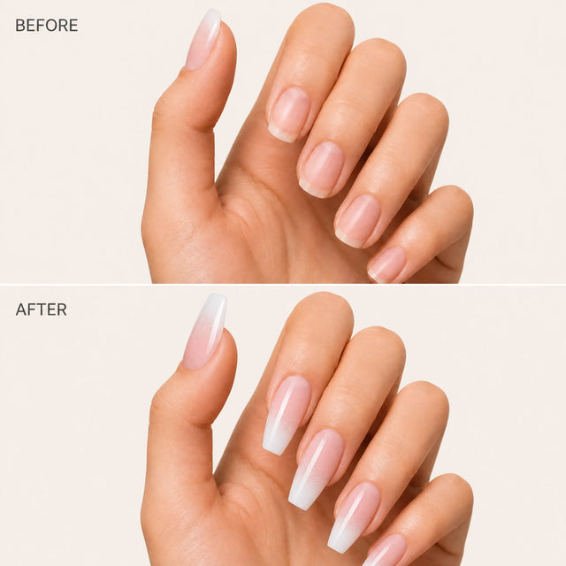 Pink Ombre Press-On Nails, Coffin Long — Before / After (fond crème)