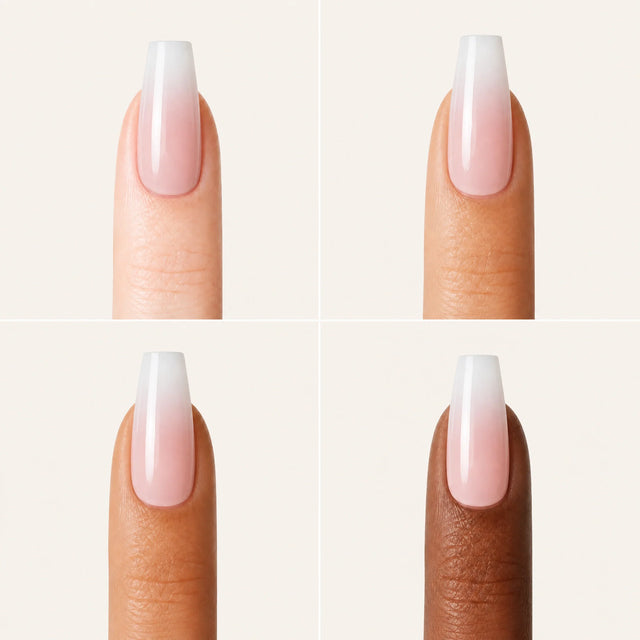 Pink Ombre Press-On Nails, Coffin Long — Grille 4 doigts (4 carnations, crème)