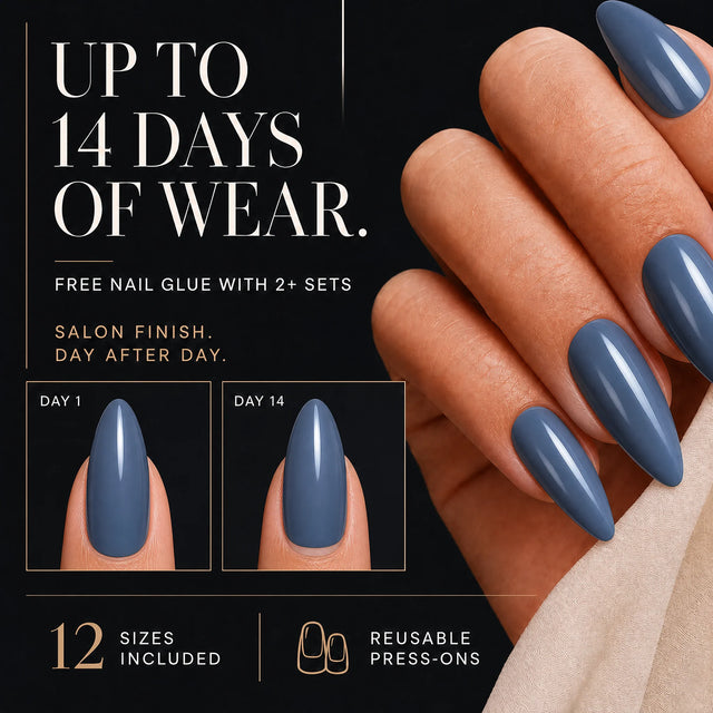 Denim Press-On Nails, Medium Almond — 14 days of wear (infographie sombre)