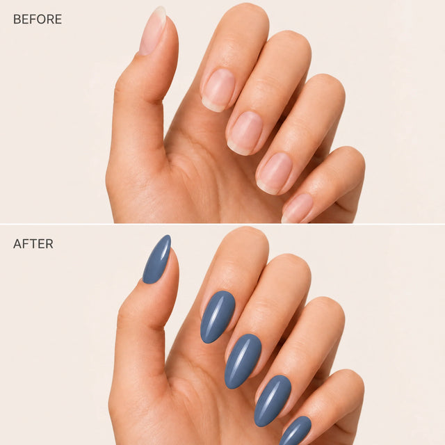 Denim Press-On Nails, Medium Almond — Before / After (fond crème)