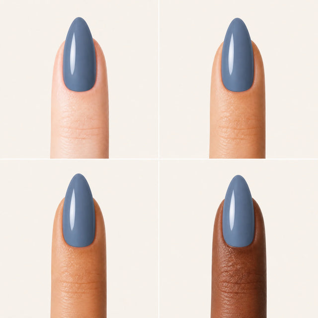 Denim Press-On Nails, Medium Almond — Grille 4 doigts (4 carnations, crème)