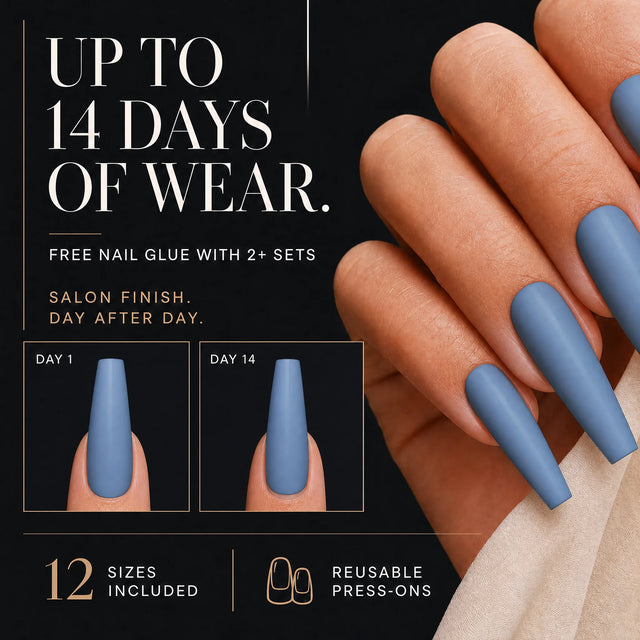 Denim Press-On Nails, Long Coffin — 14 days of wear (infographie sombre)