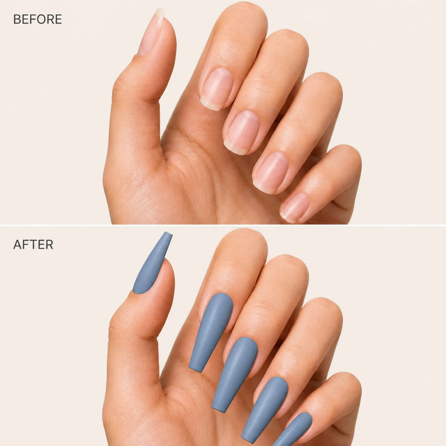 Denim Press-On Nails, Long Coffin — Before / After (fond crème)