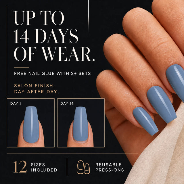 Denim Press-On Nails, Medium Coffin — 14 days of wear (infographie sombre)
