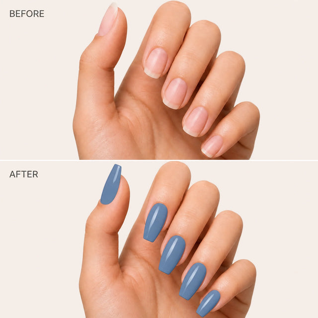 Denim Press-On Nails, Medium Coffin — Before / After (fond crème)