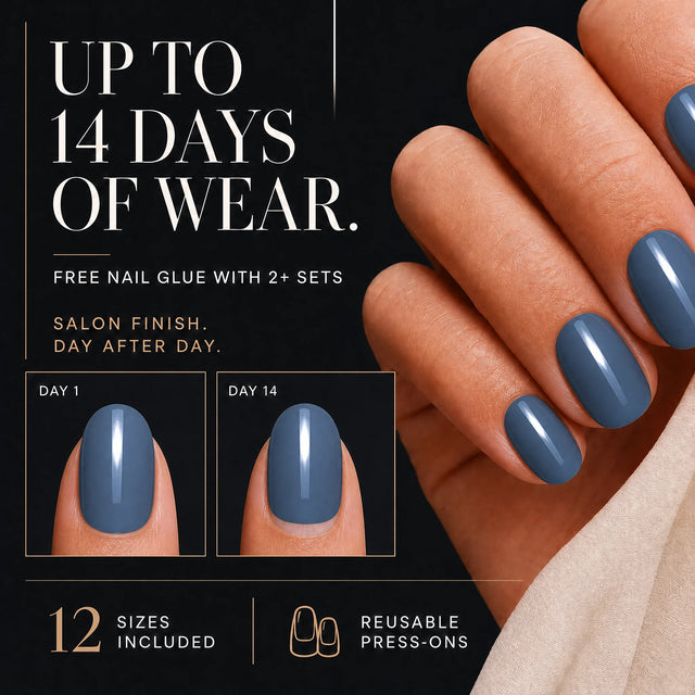 Denim Press-On Nails, Short Oval — 14 days of wear (infographie sombre)