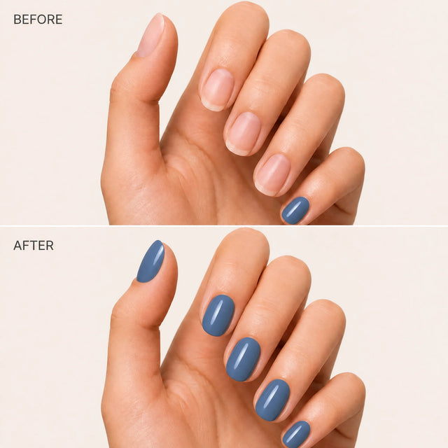 Denim Press-On Nails, Short Oval — Before / After (fond crème)