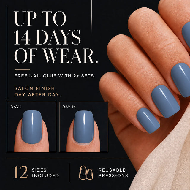 Denim Press-On Nails, Short Square — 14 days of wear (infographie sombre)