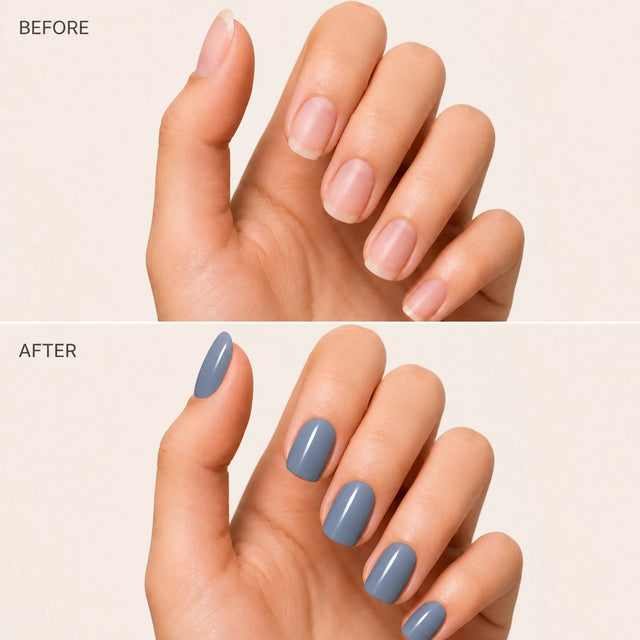 Denim Press-On Nails, Short Square — Before / After (fond crème)