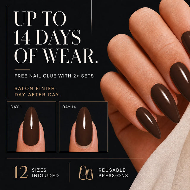 Espresso Press-On Nails, Medium Almond — 14 days of wear (infographie sombre)