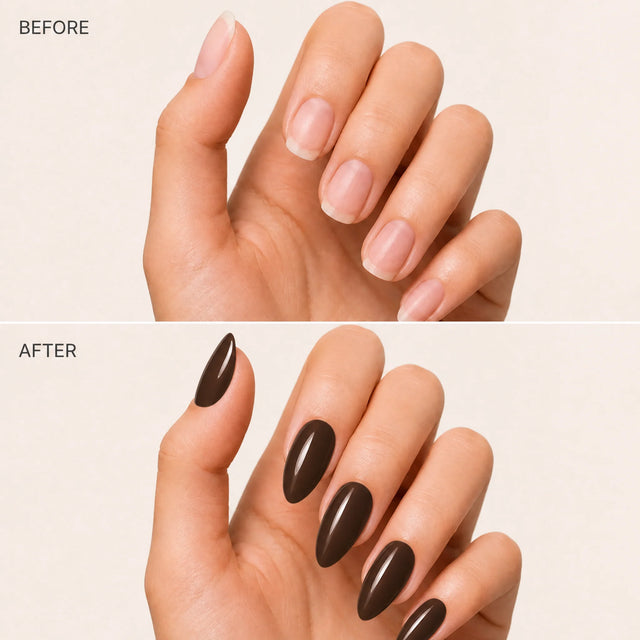Espresso Press-On Nails, Medium Almond — Before / After (fond crème)