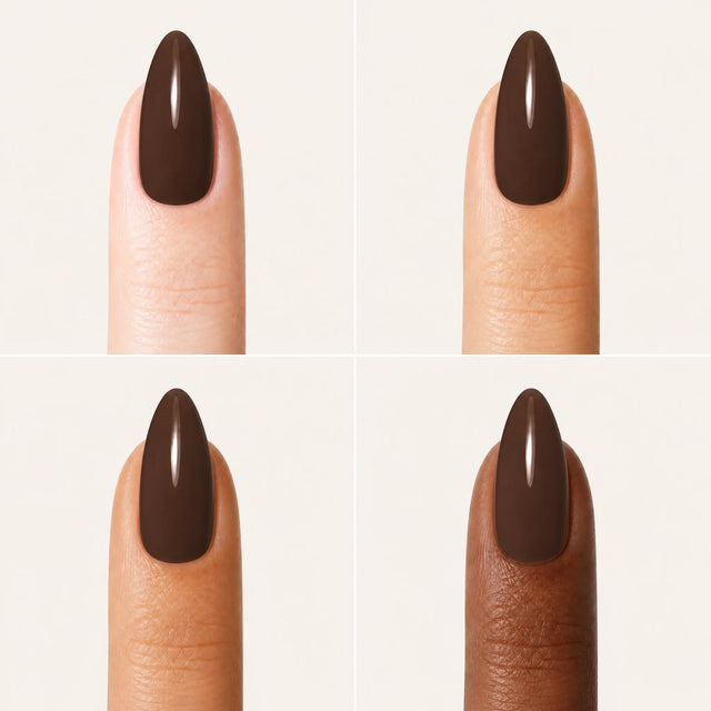 Espresso Press-On Nails, Medium Almond — Grille 4 doigts (4 carnations, crème)