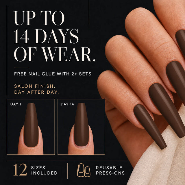 Espresso Press-On Nails, Long Coffin — 14 days of wear (infographie sombre)