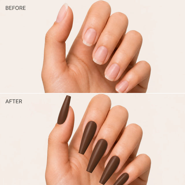 Espresso Press-On Nails, Long Coffin — Before / After (fond crème)