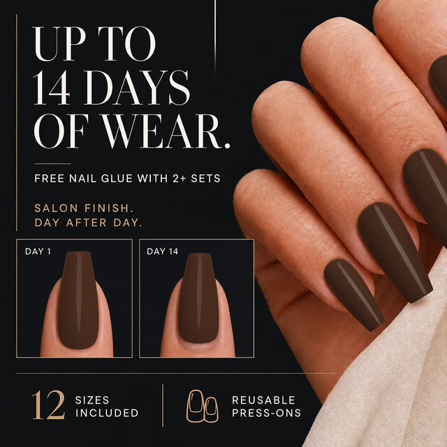 Espresso Press-On Nails, Medium Coffin — 14 days of wear (infographie sombre)