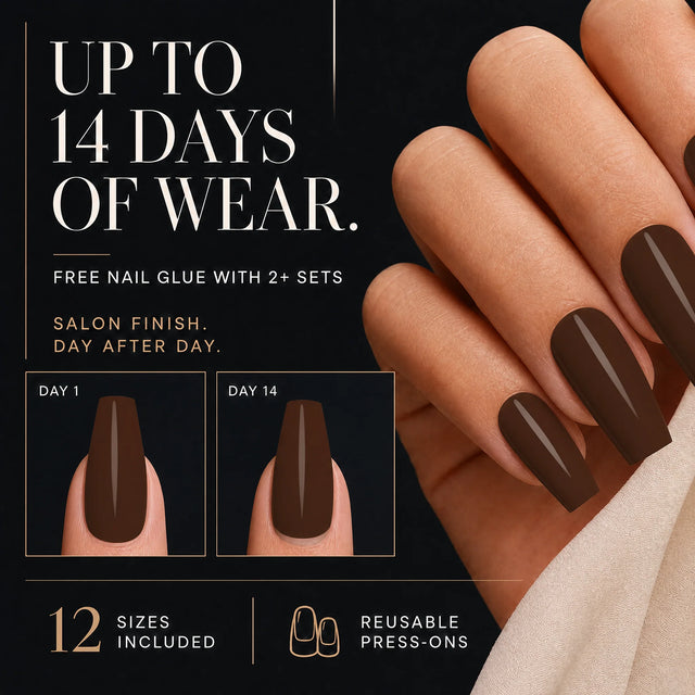 Espresso Press-On Nails, Medium Coffin — 14 days of wear (infographie sombre)