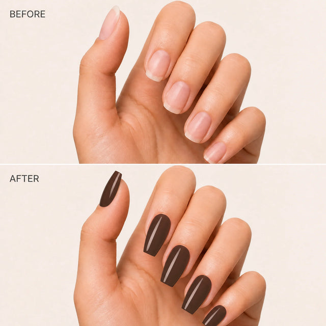 Espresso Press-On Nails, Medium Coffin — Before / After (fond crème)