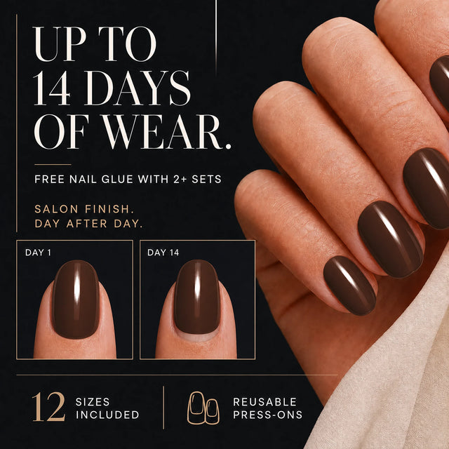 Espresso Press-On Nails, Short Oval — 14 days of wear (infographie sombre)