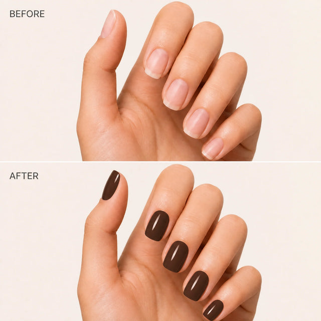 Espresso Press-On Nails, Short Square — Before / After (fond crème)