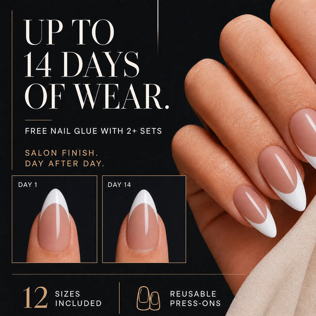 French Press-On Nails, Almond Long — 14 days of wear (infographie sombre)