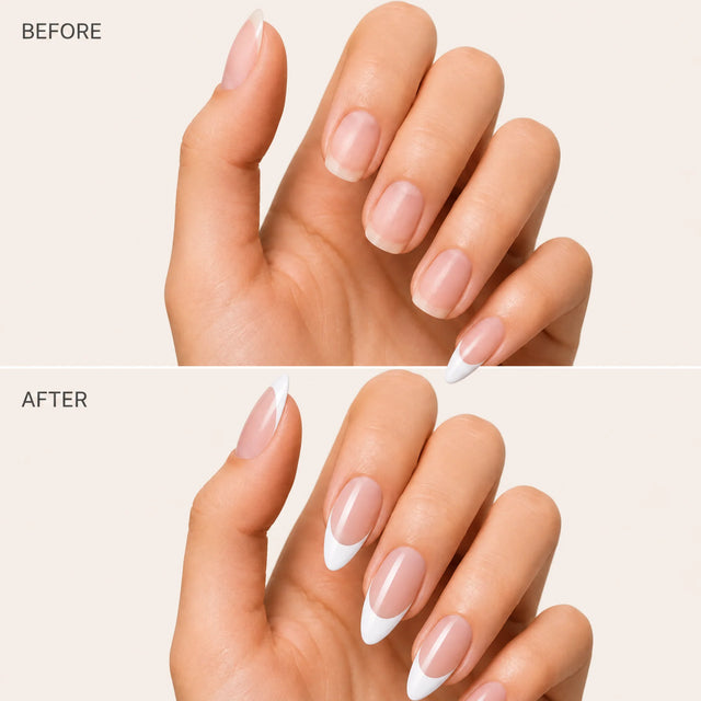French Press-On Nails, Almond Long — Before / After (fond crème)