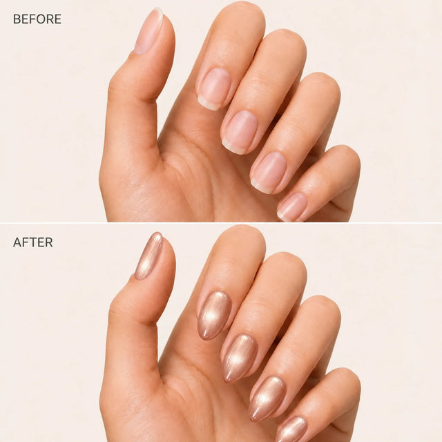 Glass Bead Cat Eye Press-On Nails, Almond Short — Before / After (fond crème)