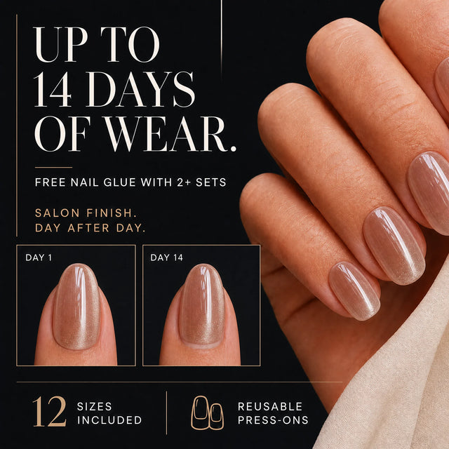 Glaze Press-On Nails, Oval Short — 14 days of wear (infographie sombre)