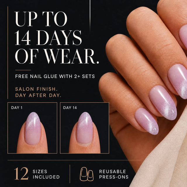Glazed Cat Eye Press-On Nails, Almond Short — 14 days of wear (infographie sombre)