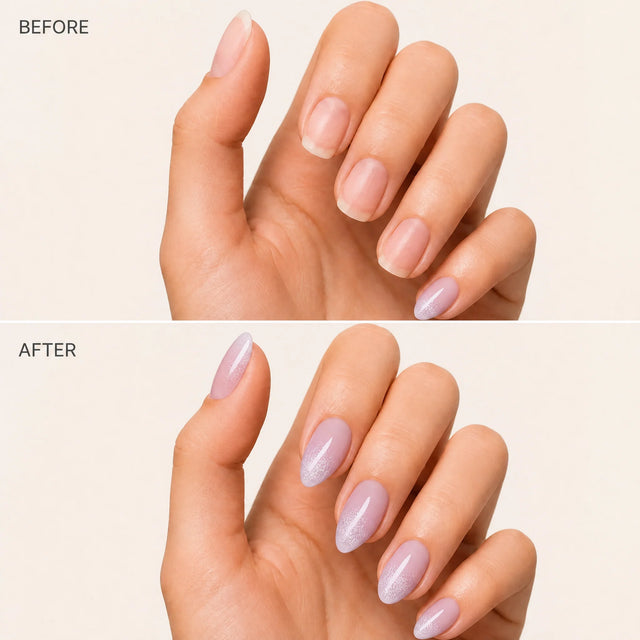 Glazed Cat Eye Press-On Nails, Almond Short — Before / After (fond crème)