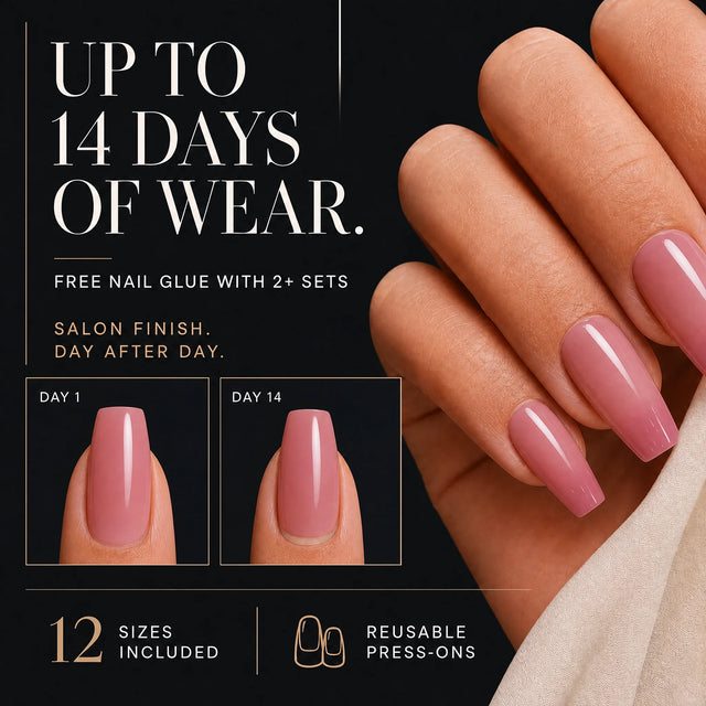 Gradient Press-On Nails, Almond Long — 14 days of wear (infographie sombre)
