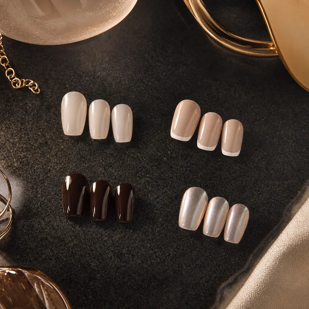 Curated press-on nail designs, milky nude, French tip, espresso and pearl chrome on dark stone