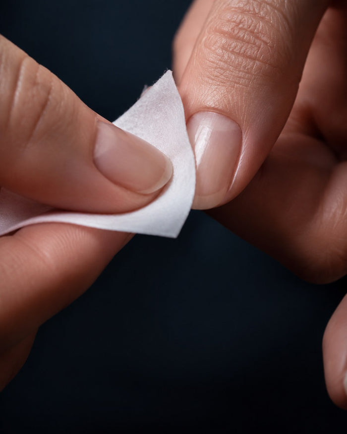 Wiping a bare natural nail clean with a lint free prep pad before applying press-on nails