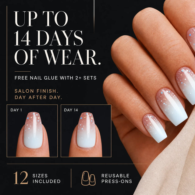 Ivory Ombre French Press-On Nails, Coffin Medium — 14 days of wear (infographie sombre)