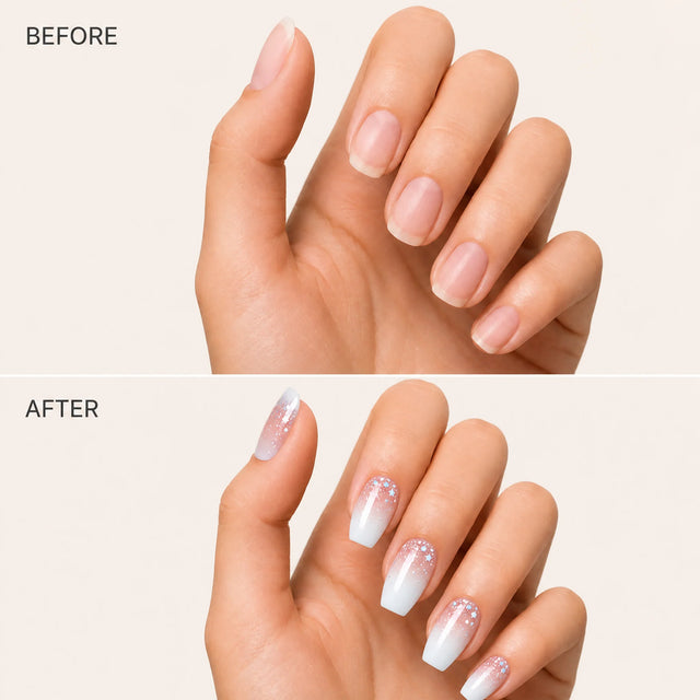 Ivory Ombre French Press-On Nails, Coffin Medium — Before / After (fond crème)