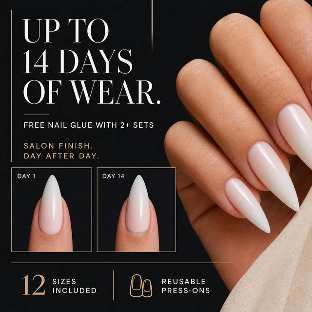 Lacquer Press-On Nails, Stiletto Long — 14 days of wear (infographie sombre)