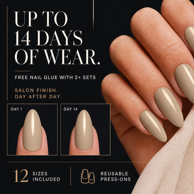 Latte Press-On Nails, Medium Almond — 14 days of wear (infographie sombre)