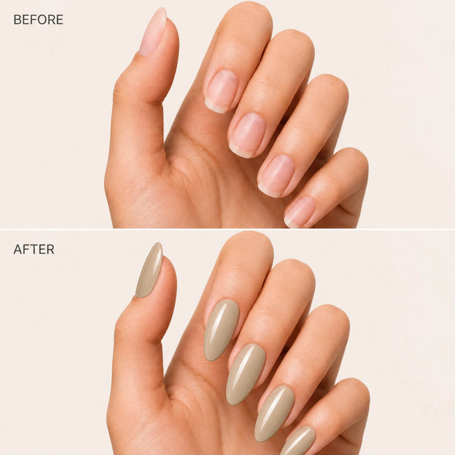 Latte Press-On Nails, Medium Almond — Before / After (fond crème)