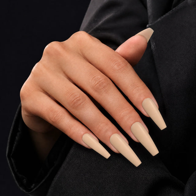 Latte Press-On Nails, Long Coffin