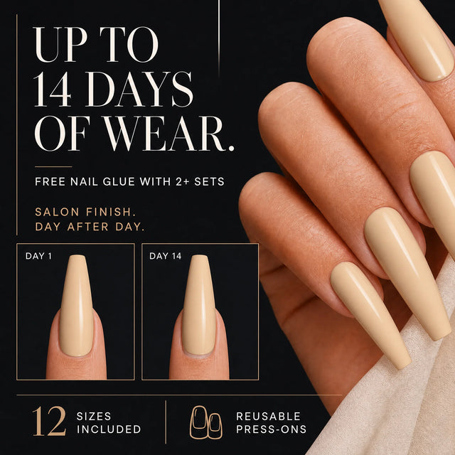 Latte Press-On Nails, Long Coffin — 14 days of wear (infographie sombre)