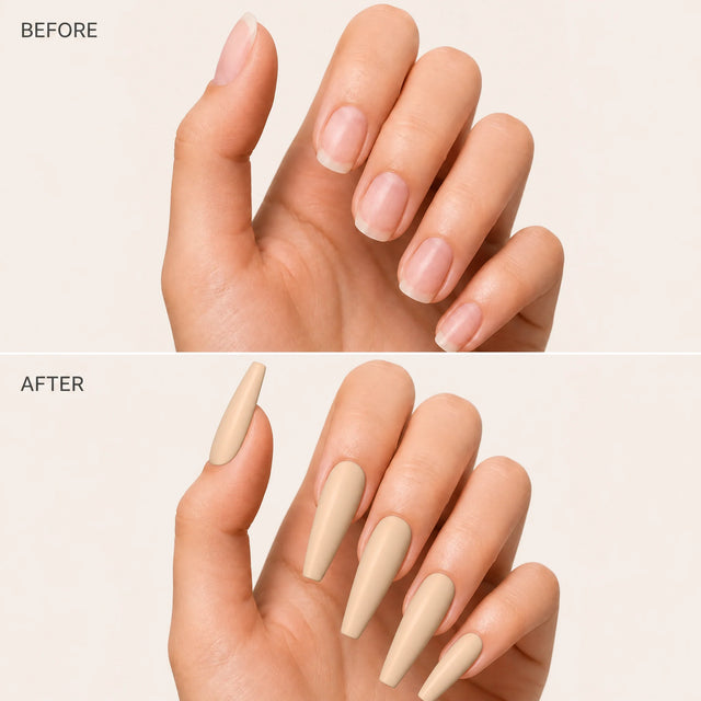Latte Press-On Nails, Long Coffin — Before / After (fond crème)
