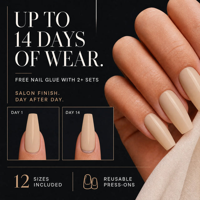 Latte Press-On Nails, Medium Coffin — 14 days of wear (infographie sombre)