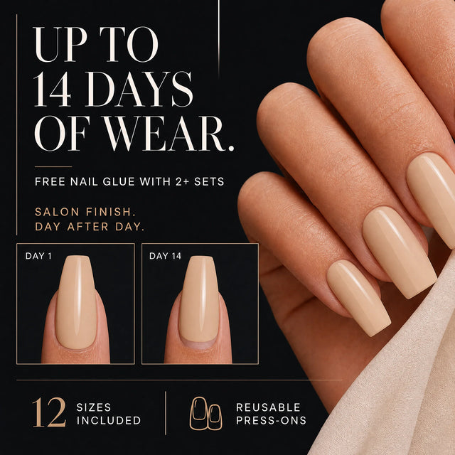 Latte Press-On Nails, Medium Coffin — 14 days of wear (infographie sombre)