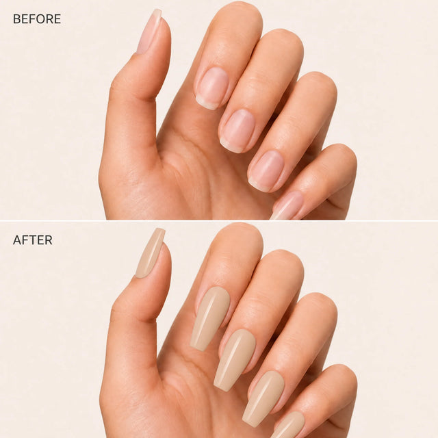 Latte Press-On Nails, Medium Coffin — Before / After (fond crème)