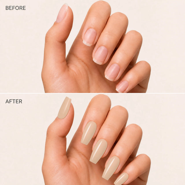 Latte Press-On Nails, Medium Coffin — Before / After (fond crème)