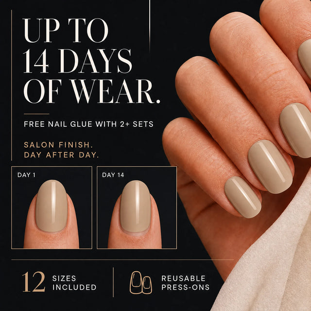 Latte Press-On Nails, Short Oval — 14 days of wear (infographie sombre)