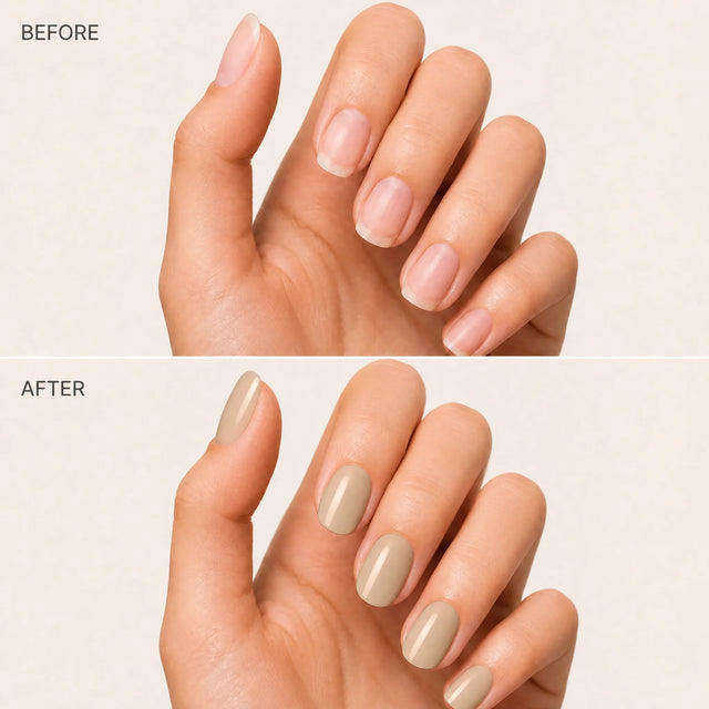 Latte Press-On Nails, Short Oval — Before / After (fond crème)