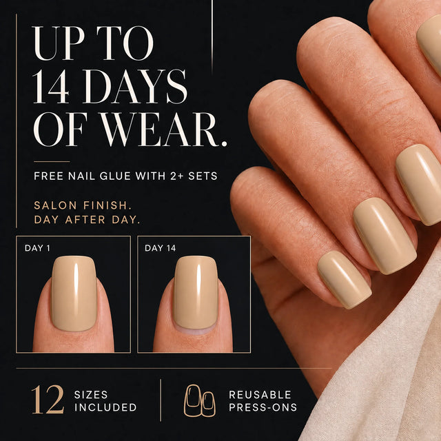 Latte Press-On Nails, Short Square — 14 days of wear (infographie sombre)