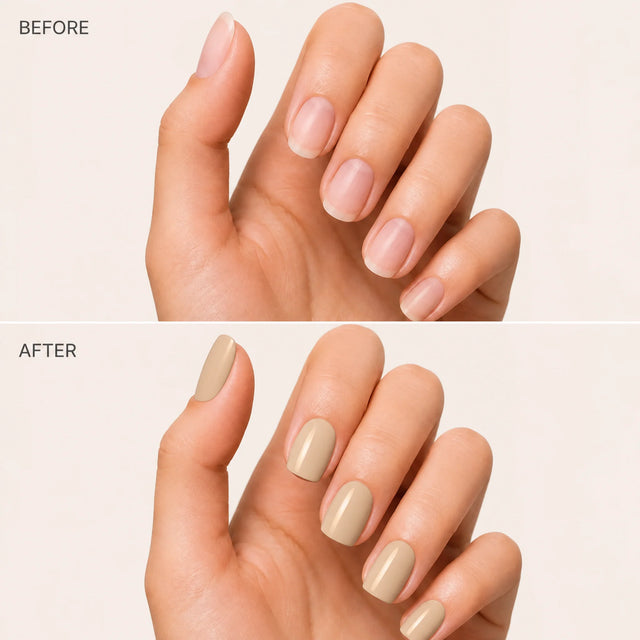 Latte Press-On Nails, Short Square — Before / After (fond crème)