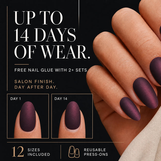 Matte Press-On Nails, Almond Medium — 14 days of wear (infographie sombre)